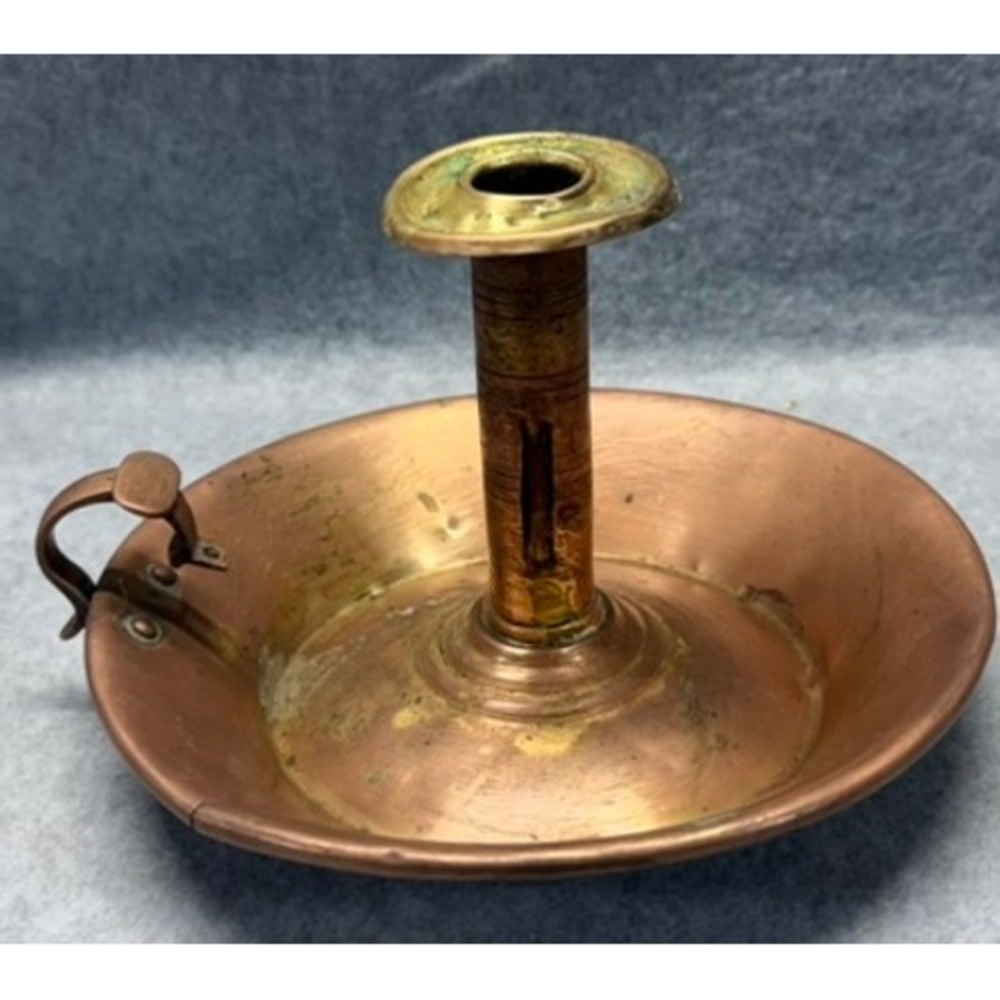 Antique Copper Chamberstick Candle Holder with Push Up Mechanism and Finger Loop - Picture 12 of 13